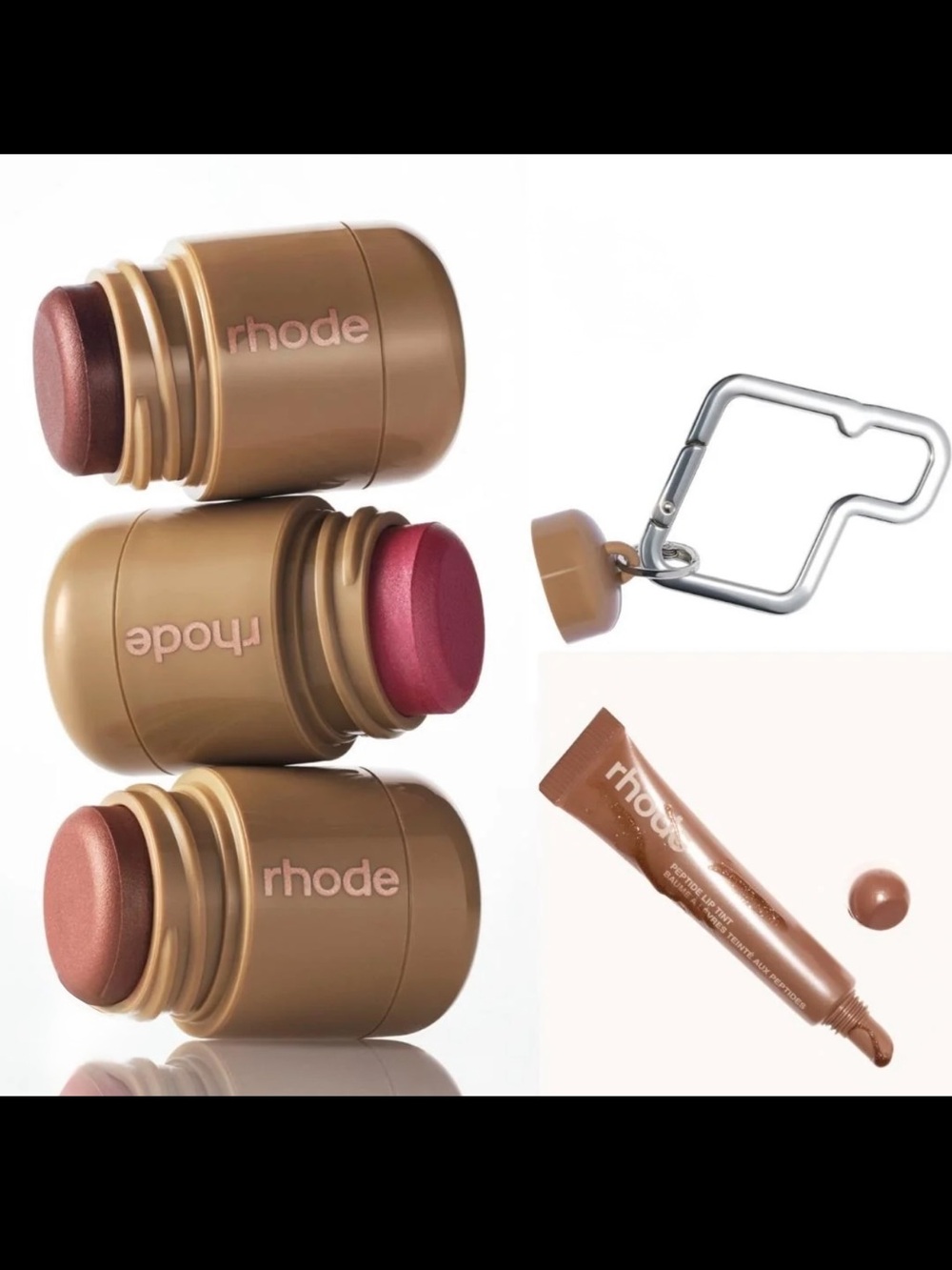 Rhode pocket pearl mini’s, Carabiner & Sweet Apple lip tint